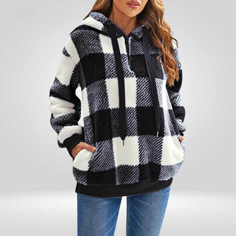 Luvo | Sweat à Capuche pour Femme à Demi-Zip et Motif Carreaux – Tricot