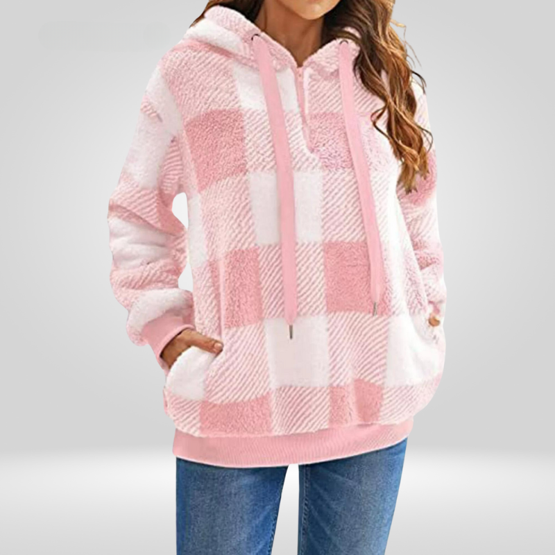 Luvo | Sweat à Capuche pour Femme à Demi-Zip et Motif Carreaux – Tricot