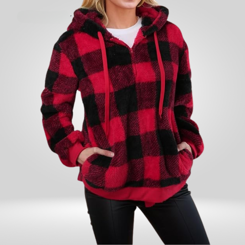 Luvo | Sweat à Capuche pour Femme à Demi-Zip et Motif Carreaux – Tricot