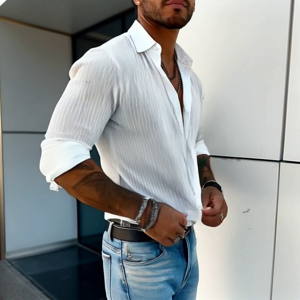 Luvo | Chemise à Rayures pour Homme – Manches Longues et Col à Revers