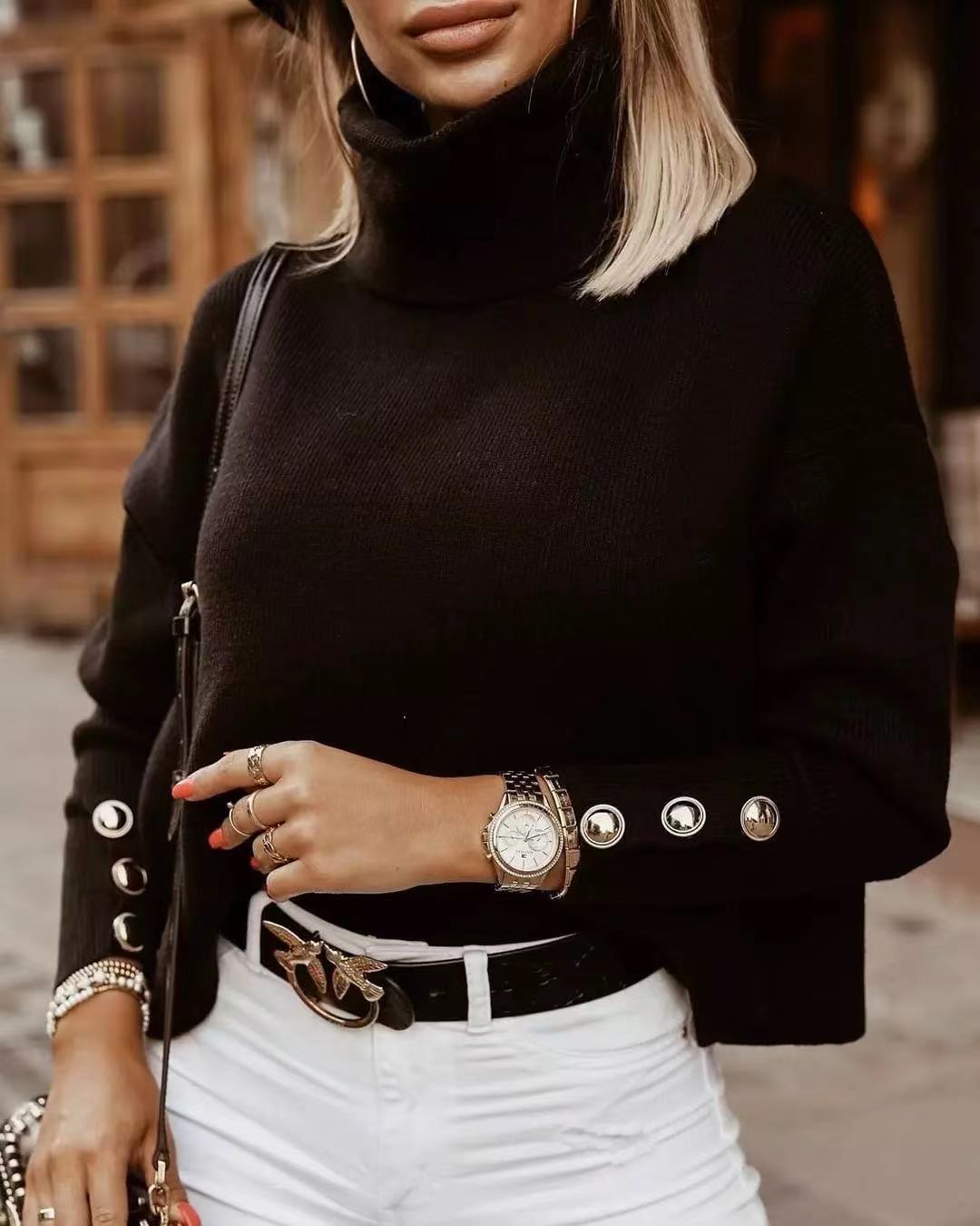 Luvo | Pull à col roulé pour femme avec manches à boutons – Décontracté