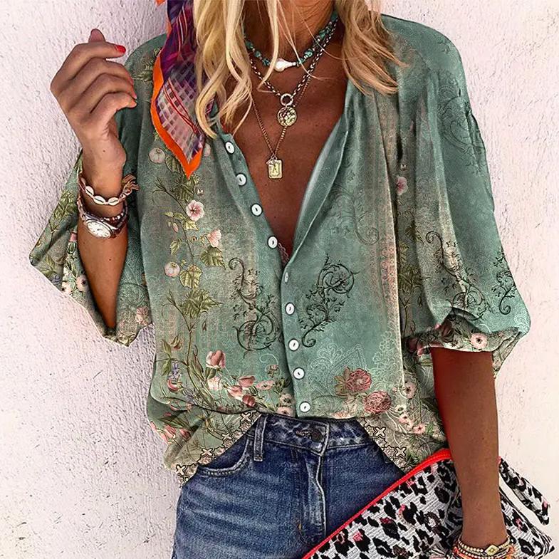 Luvo | Blouse d’Été Femme – Imprimée, Boutonnée & Manches Mi-Longues