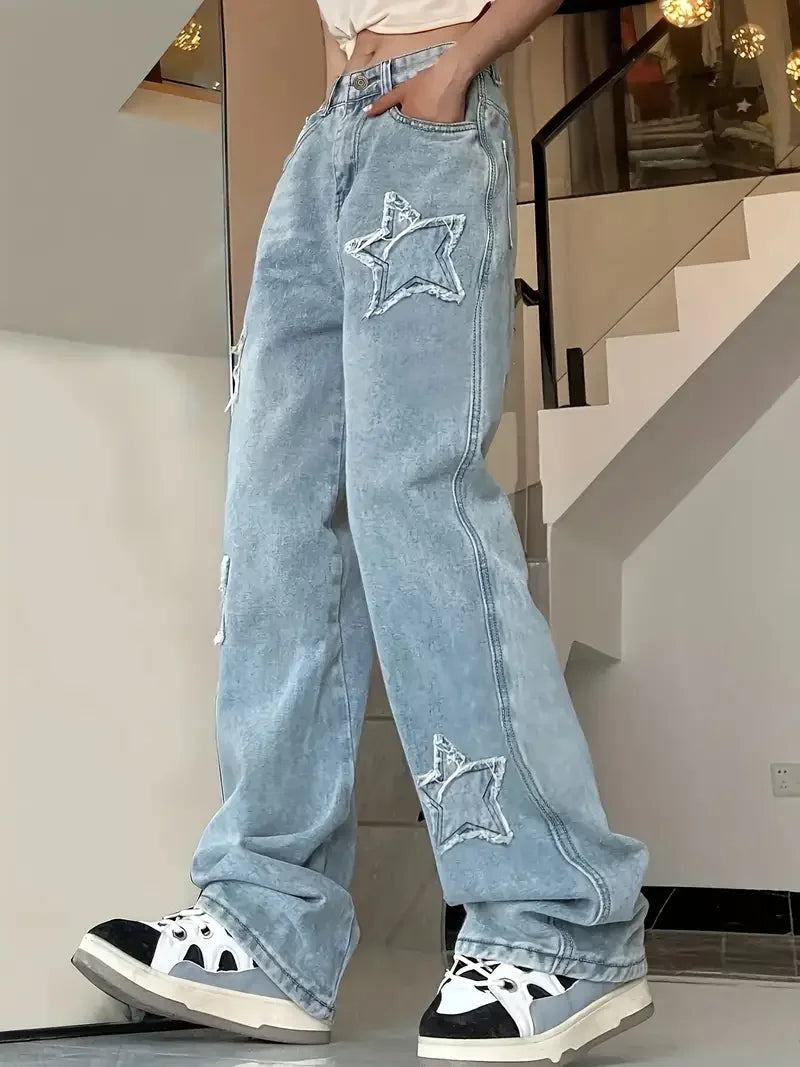 Luvo | Jean Baggy à Motif Étoiles pour Femme - Taille Haute