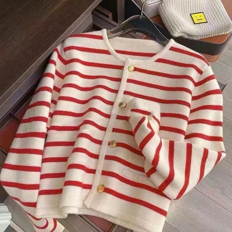 Luvo | Cardigan pour Femme – Modèle Court à Rayures avec Col Rond