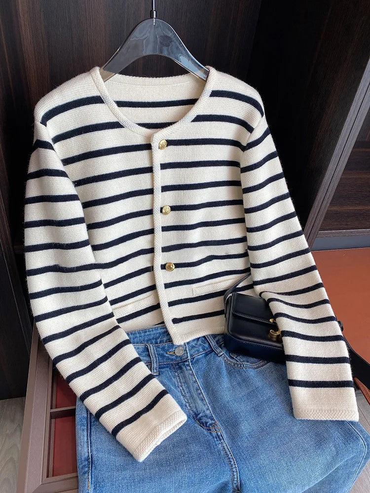 Luvo | Cardigan pour Femme – Modèle Court à Rayures avec Col Rond