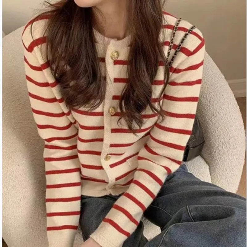 Luvo | Cardigan pour Femme – Modèle Court à Rayures avec Col Rond