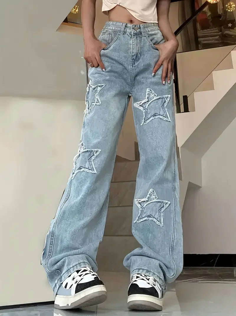 Luvo | Jean Baggy à Motif Étoiles pour Femme - Taille Haute