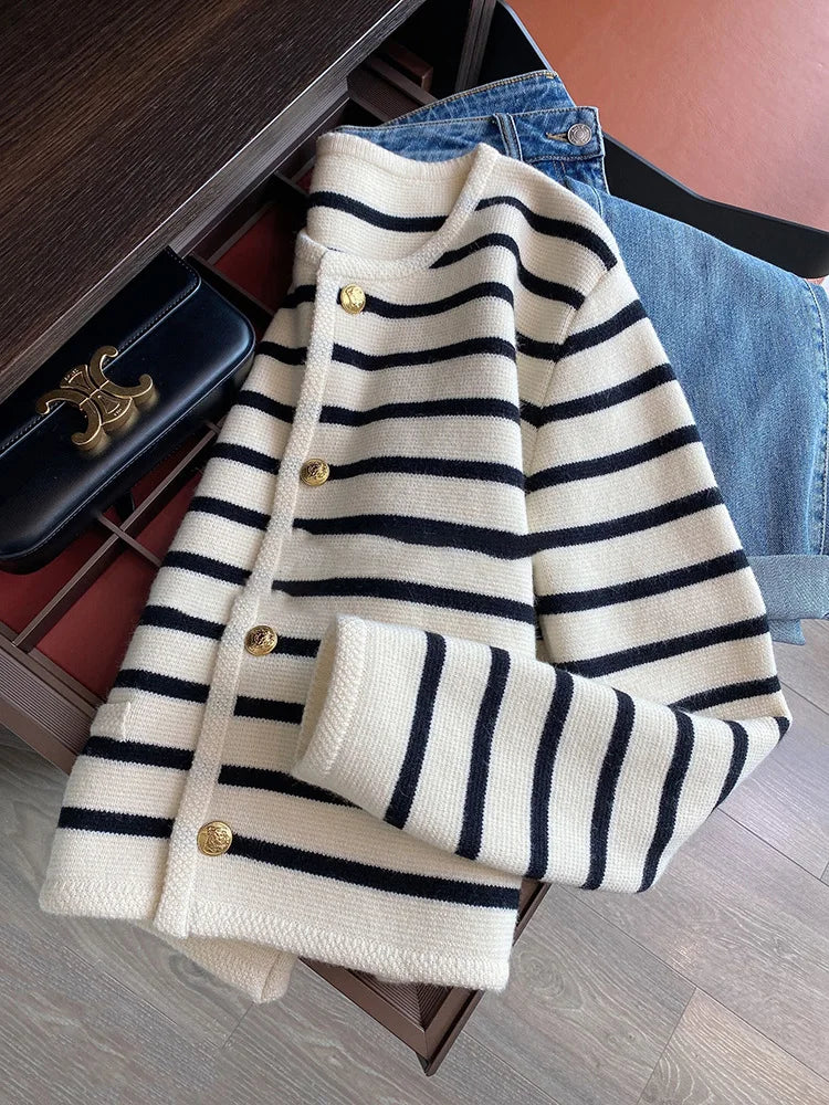 Luvo | Cardigan pour Femme – Modèle Court à Rayures avec Col Rond