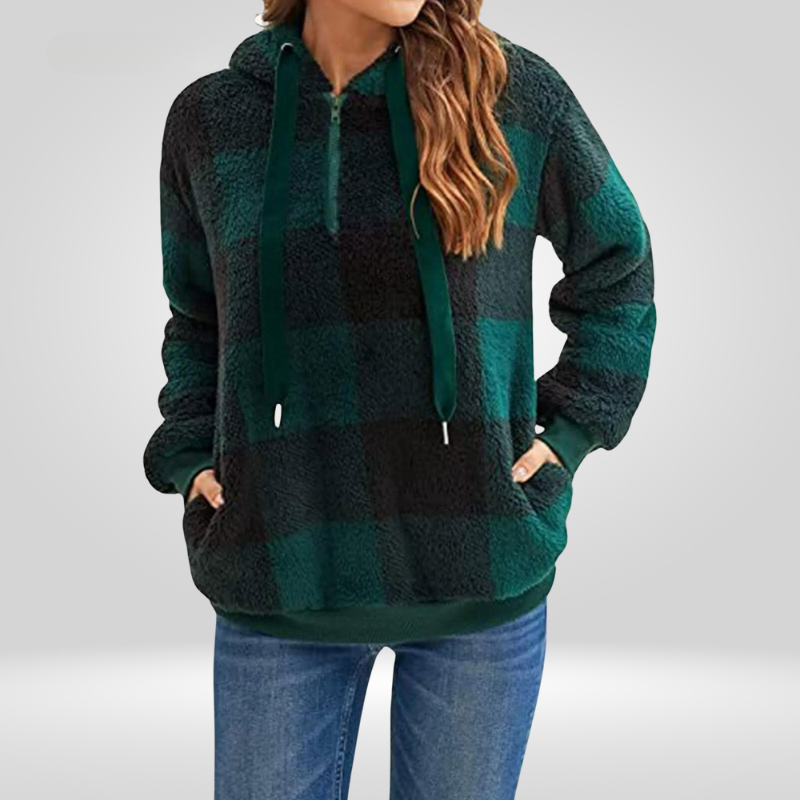Luvo | Sweat à Capuche pour Femme à Demi-Zip et Motif Carreaux – Tricot