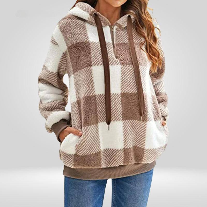 Luvo | Sweat à Capuche pour Femme à Demi-Zip et Motif Carreaux – Tricot